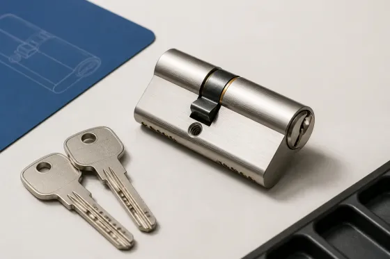 Bombín de alta seguridad y dos llaves sobre una mesa de trabajo