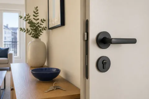 Puerta de entrada cerrada con sus llaves sobre una consola cercana