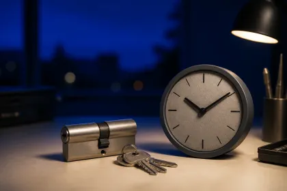 Bombín y llaves junto a un reloj durante un servicio nocturno